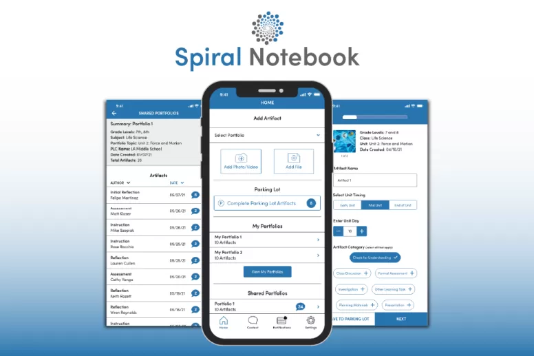 Graphic with screenshots from the Spiral Notebook app
